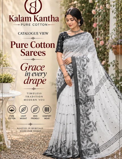 White and Grey Handloom Jamdani Saree | Durga Puja Special