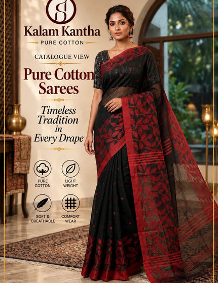 Black and Red Handloom Jamdani Saree – KalamKantha