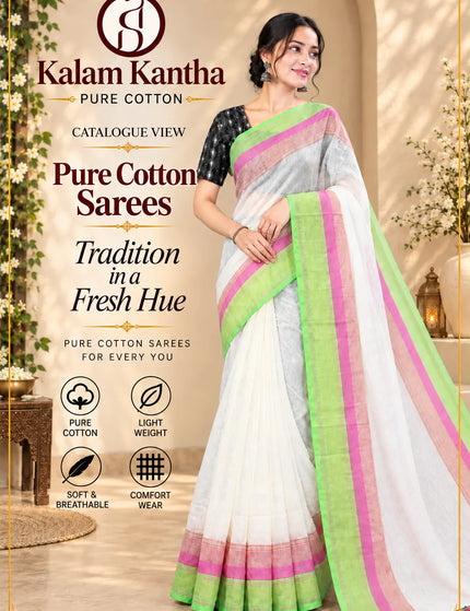 White Mulmul Cotton Saree , Green & Pink Border – KalamKantha