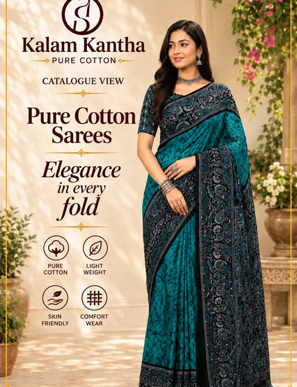 Teal and Black Hand Batik Saree – KalamKantha