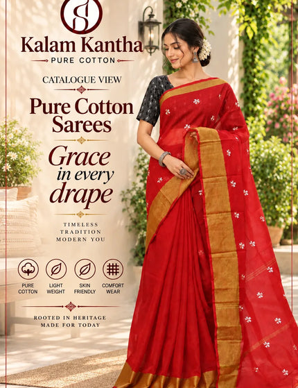 Coral Red Jasmin Cotton Saree , Golden Border – KalamKantha