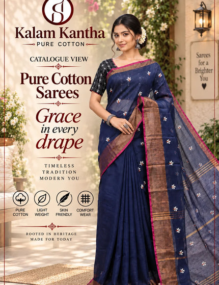 Navy Blue Jasmin Handloom Cotton Saree – KalamKantha