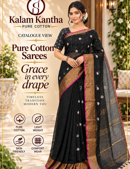 Black Jasmin Handloom Cotton Saree – KalamKantha