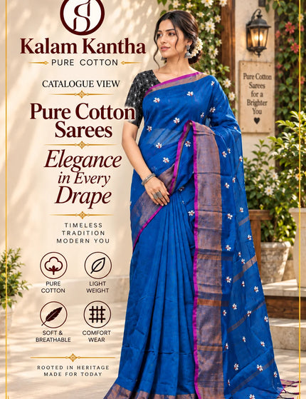 Royal Blue Jasmin Handloom Cotton Saree – KalamKantha