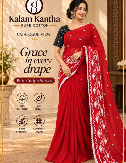 Khadi Jamdani Embroidery Cotton Saree , Red – KalamKantha