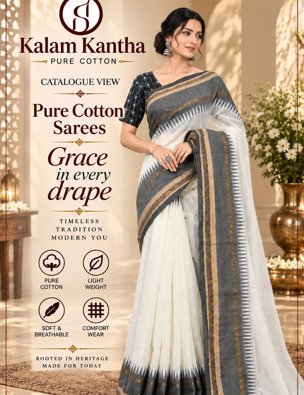 White Mull Cotton Saree , Grey Border – KalamKantha