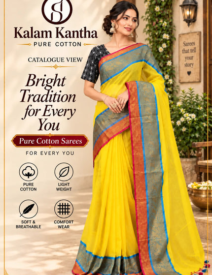Yellow 3D Mull Cotton Saree , Contrast Border – KalamKantha