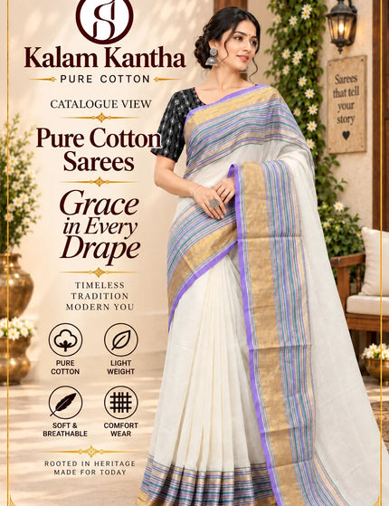 White Mull Cotton Saree , Multicolour Border – KalamKantha