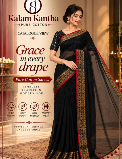 Black Mull Cotton Saree , Golden Border – KalamKantha