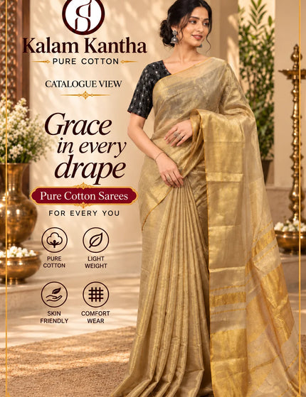 KalamKantha catalogue graphic reading “Grace in every drape” beside an ivory cotton saree with golden border