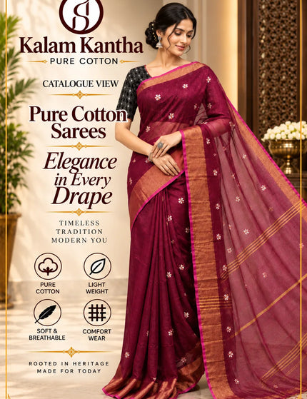Coral Wine Red Jasmin Cotton Saree | Golden Border | Durga Puja Special
