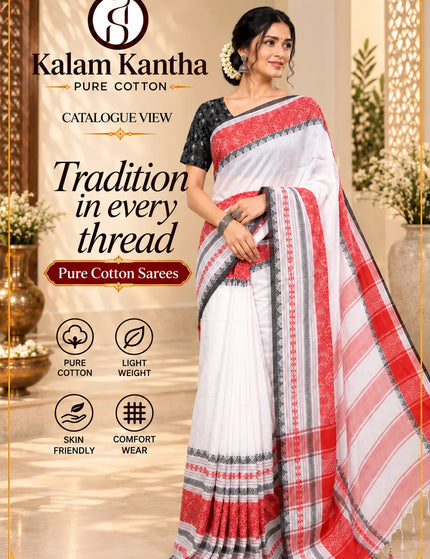 White and Red Khadi Bodhu Boron Saree – KalamKantha