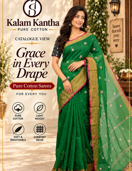 Coral Green Jasmin Cotton Saree , Golden Border – KalamKantha