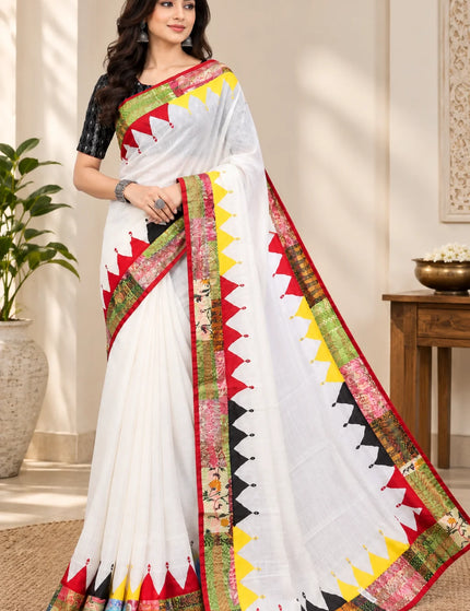White Kerala Cotton Applique Saree – KalamKantha