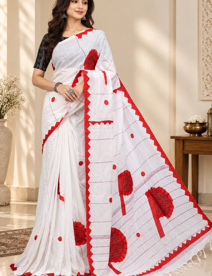 White and Red Khadi Applique Pakha Saree | Durga Puja Special