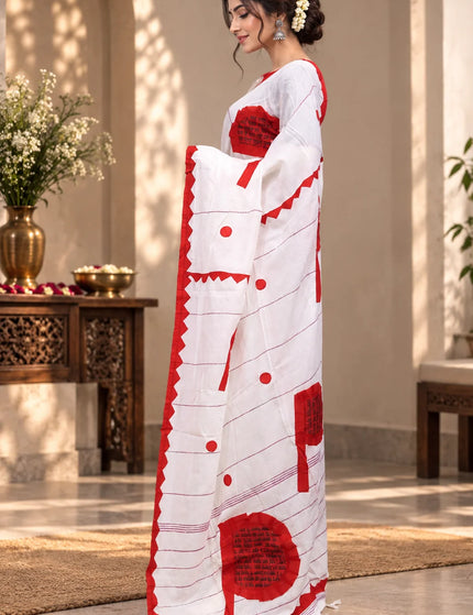 White and Red Khadi Applique Pakha Saree | Durga Puja Special