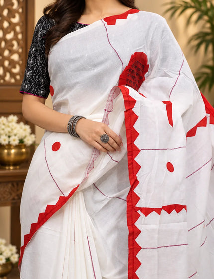 White and Red Khadi Applique Pakha Saree | Durga Puja Special