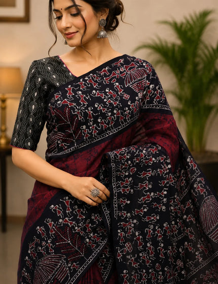 Red and Black Hand Batik Saree – KalamKantha