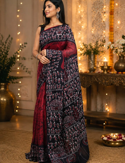 Red and Black Hand Batik Saree – KalamKantha