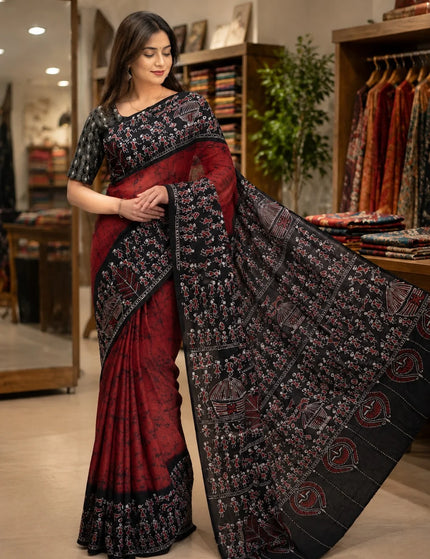 Red and Black Hand Batik Saree – KalamKantha