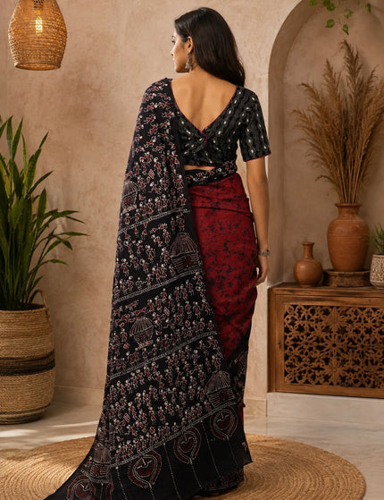 Red and Black Hand Batik Saree – KalamKantha
