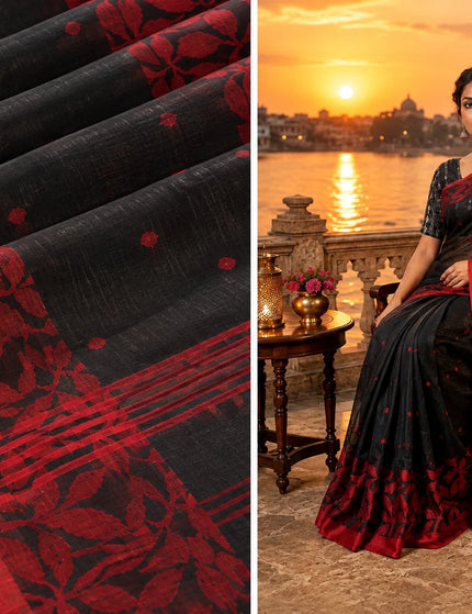 Black and Red Handloom Jamdani Saree – KalamKantha