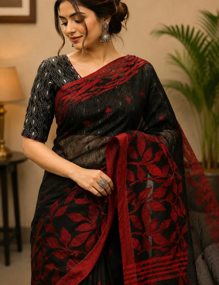 Black and Red Handloom Jamdani Saree – KalamKantha