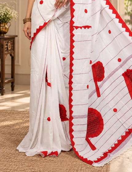 White and Red Khadi Applique Pakha Saree | Durga Puja Special