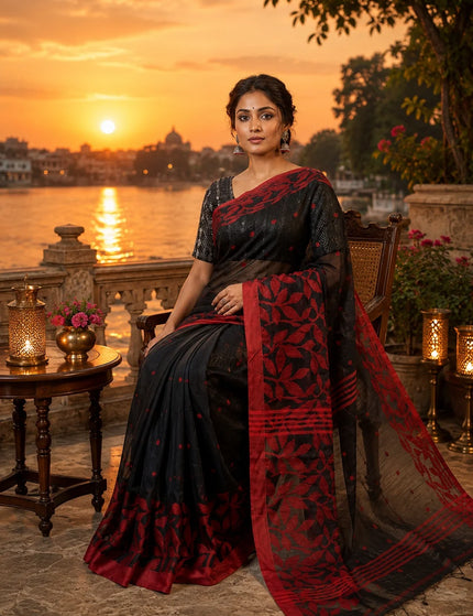 Black and Red Handloom Jamdani Saree – KalamKantha