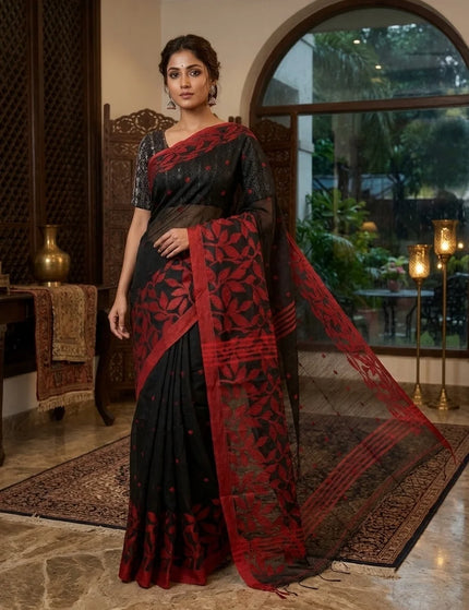 Black and Red Handloom Jamdani Saree – KalamKantha
