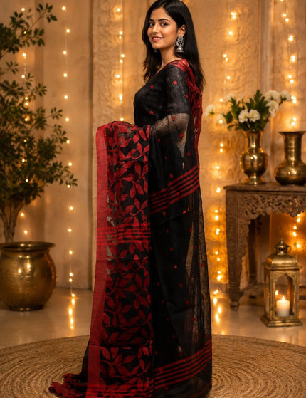 Black and Red Handloom Jamdani Saree – KalamKantha