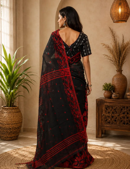 Black and Red Handloom Jamdani Saree – KalamKantha
