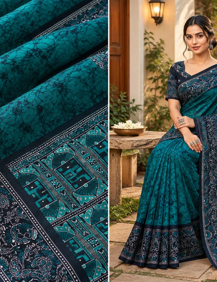 Teal and Black Hand Batik Saree – KalamKantha