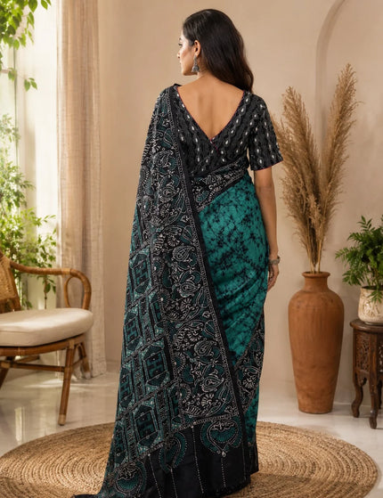 Teal and Black Hand Batik Saree – KalamKantha