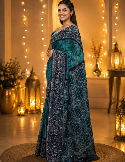 Teal and Black Hand Batik Saree – KalamKantha