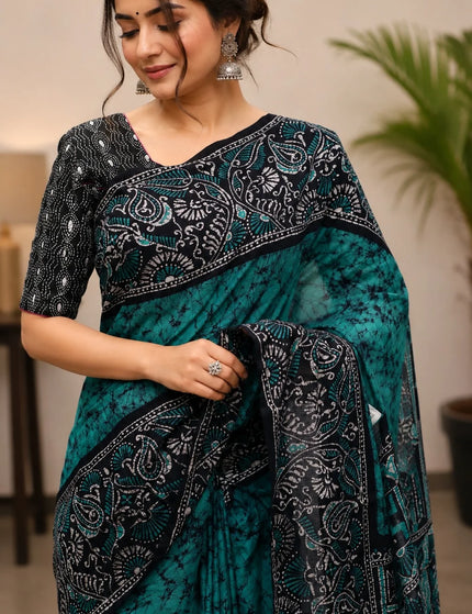 Teal and Black Hand Batik Saree – KalamKantha