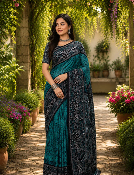 Teal and Black Hand Batik Saree – KalamKantha