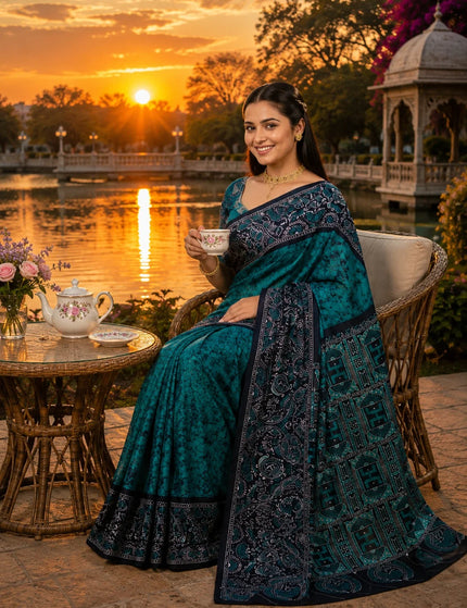 Teal and Black Hand Batik Saree – KalamKantha