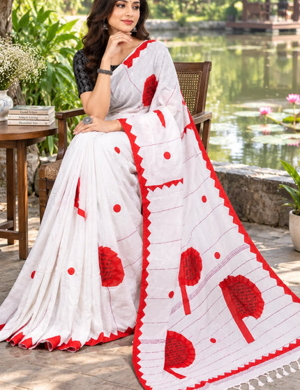 White and Red Khadi Applique Pakha Saree | Durga Puja Special