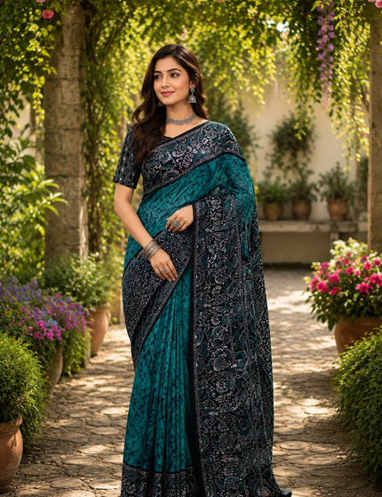 Teal and Black Hand Batik Saree – KalamKantha