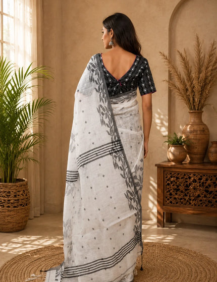 White and Grey Handloom Jamdani Saree | Durga Puja Special
