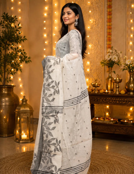 White and Grey Handloom Jamdani Saree | Durga Puja Special