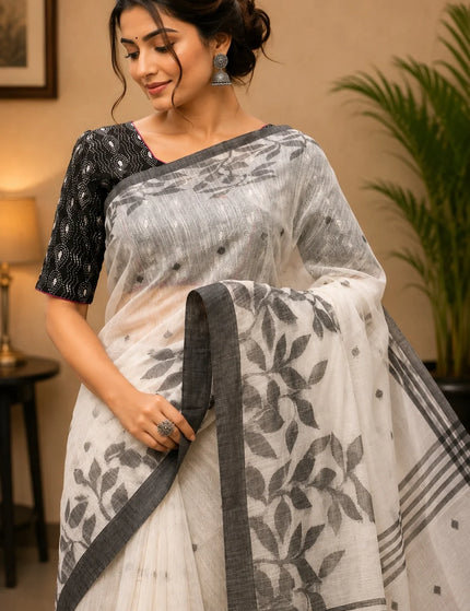 White and Grey Handloom Jamdani Saree | Durga Puja Special