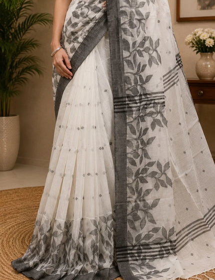 White and Grey Handloom Jamdani Saree | Durga Puja Special