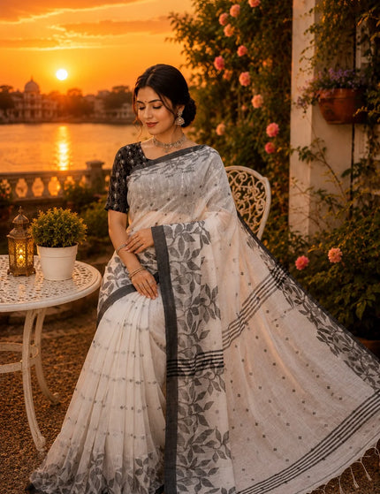 White and Grey Handloom Jamdani Saree | Durga Puja Special