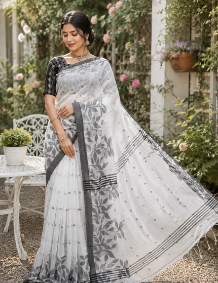 White and Grey Handloom Jamdani Saree | Durga Puja Special