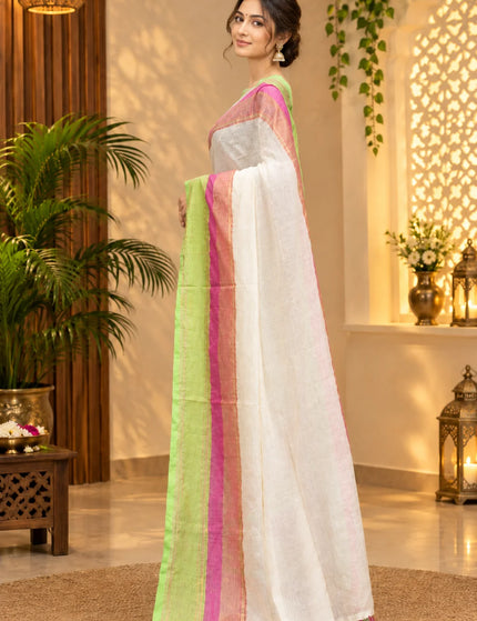 White Mulmul Cotton Saree , Green & Pink Border – KalamKantha