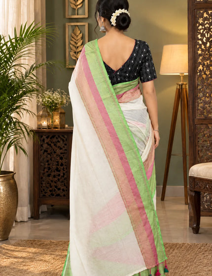 White Mulmul Cotton Saree , Green & Pink Border – KalamKantha