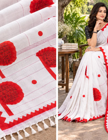 White and Red Khadi Applique Pakha Saree | Durga Puja Special
