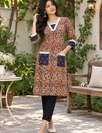 Durga Puja Rust Floral Pure Cotton Designer Pocket Kurti – KalamKantha